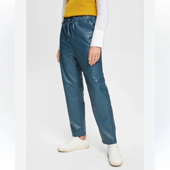 EDC Teal Blue Highrise Vegan Leather Jogger Pants  Elastic Waistband Size 6 - Picture 4 of 17